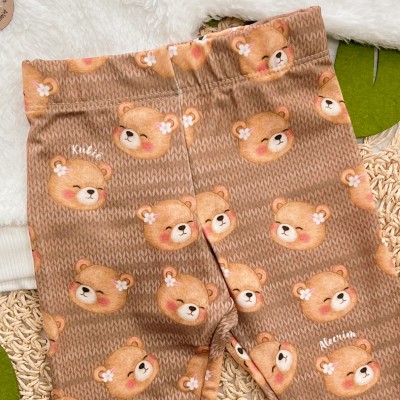 Conj. Casaco Flor Pelo Carneirinho e Calça Legging Ursinhas - Off White e Marrom